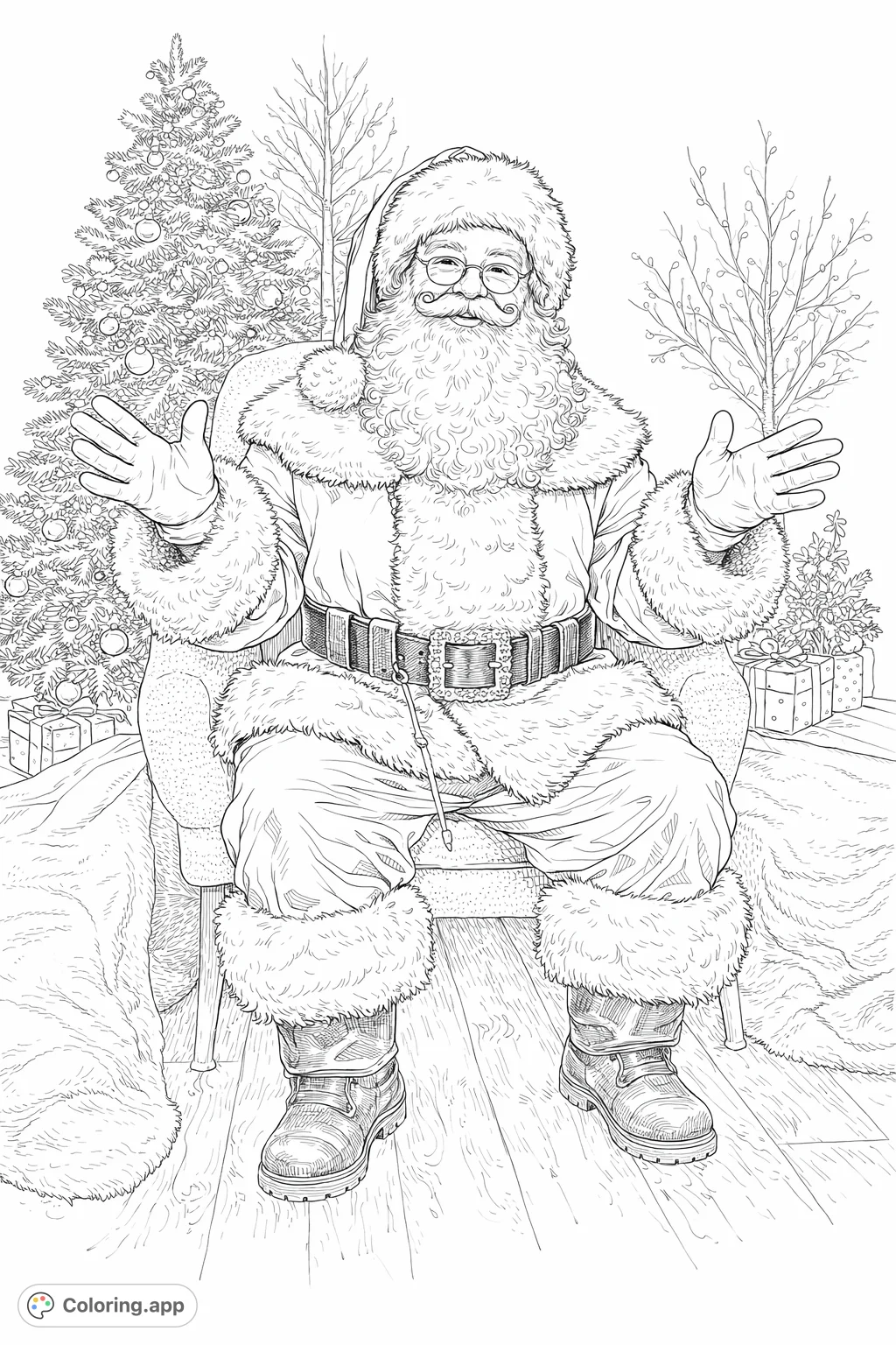 A cheerful Santa Claus sits, arms wide, inviting you to celebrate the holiday season. Features festive background elements and intricate details.