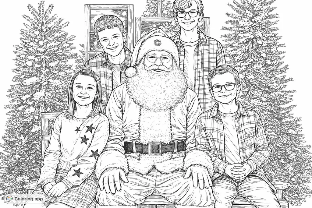 Capture the holiday spirit with this detailed Christmas coloring page featuring Santa Claus surrounded by happy children against a festive, snowy backdrop. A free printable Christmas coloring page for kids and adults.