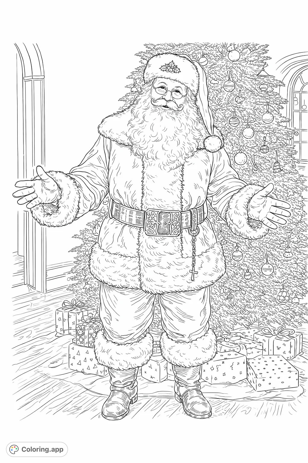 A realistic Santa Claus stands by a festive Christmas tree, surrounded by presents. This detailed Christmas coloring page is perfect for holiday fun.