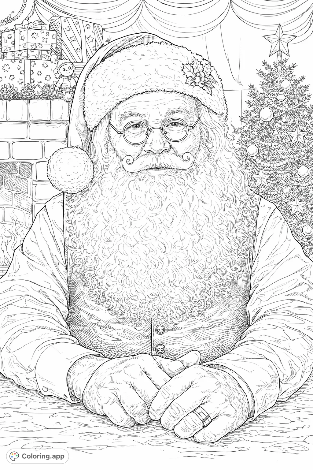 A delightful Christmas coloring page featuring a jolly Santa Claus seated by a decorated mantelpiece with presents, perfect for holiday cheer.