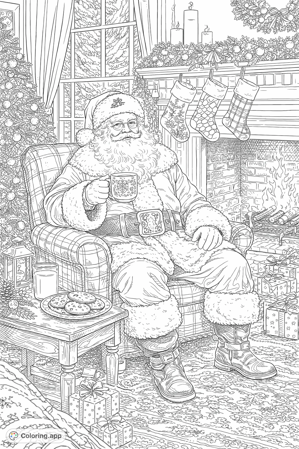Capture the magic of Christmas with Santa enjoying a moment by the fire. This realistic coloring page features intricate details of a festive holiday scene.