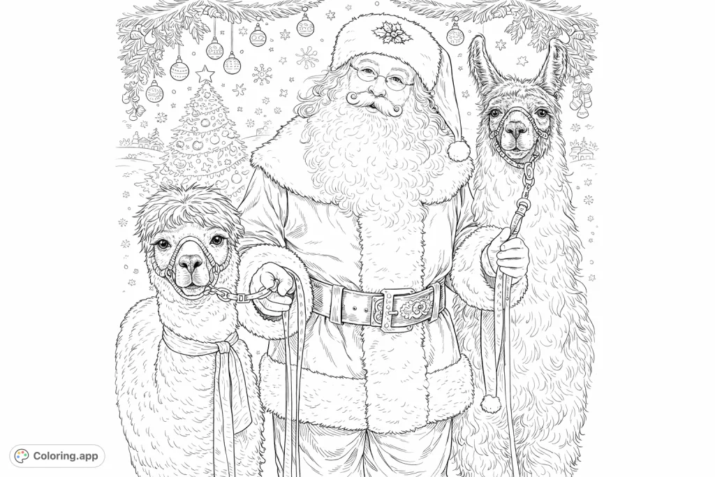 Join Santa and his two fluffy alpaca and llama companions in this detailed Christmas coloring page, perfect for festive fun!