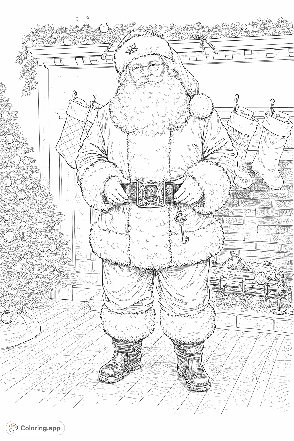 A detailed Santa Claus stands by a festive fireplace, adorned with garland and stockings. Perfect for capturing the holiday spirit with intricate details.