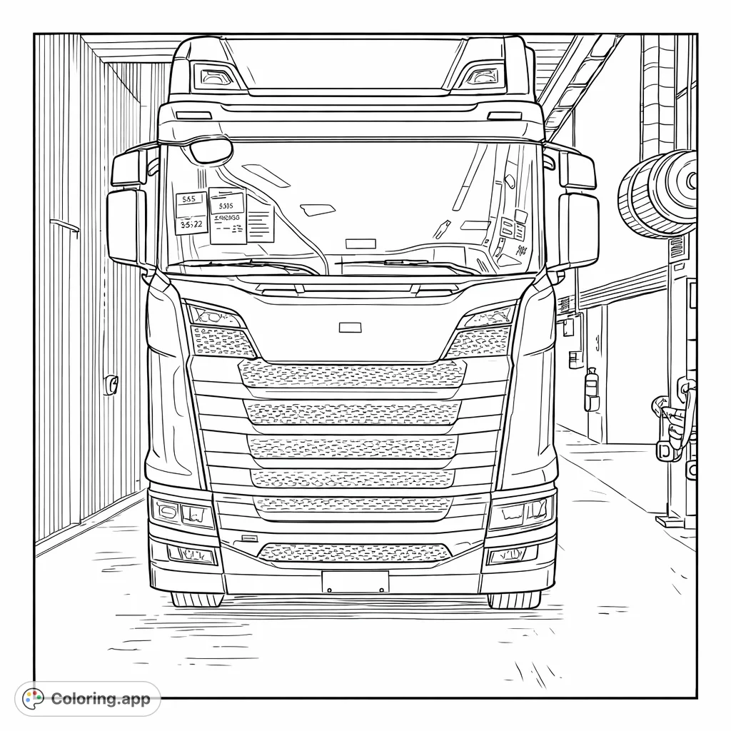 Color a powerful, detailed modern semi-truck in an industrial setting. Features intricate grille work and a robust design, perfect for vehicle enthusiasts.