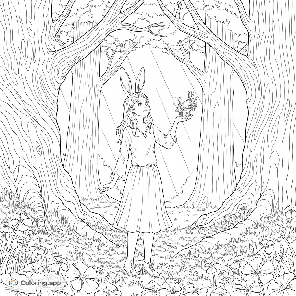 Step into the magical Forbidden Forest with Luna Lovegood and her nargle friend. This fantasy coloring page features intricate details of ancient trees and wildflowers.