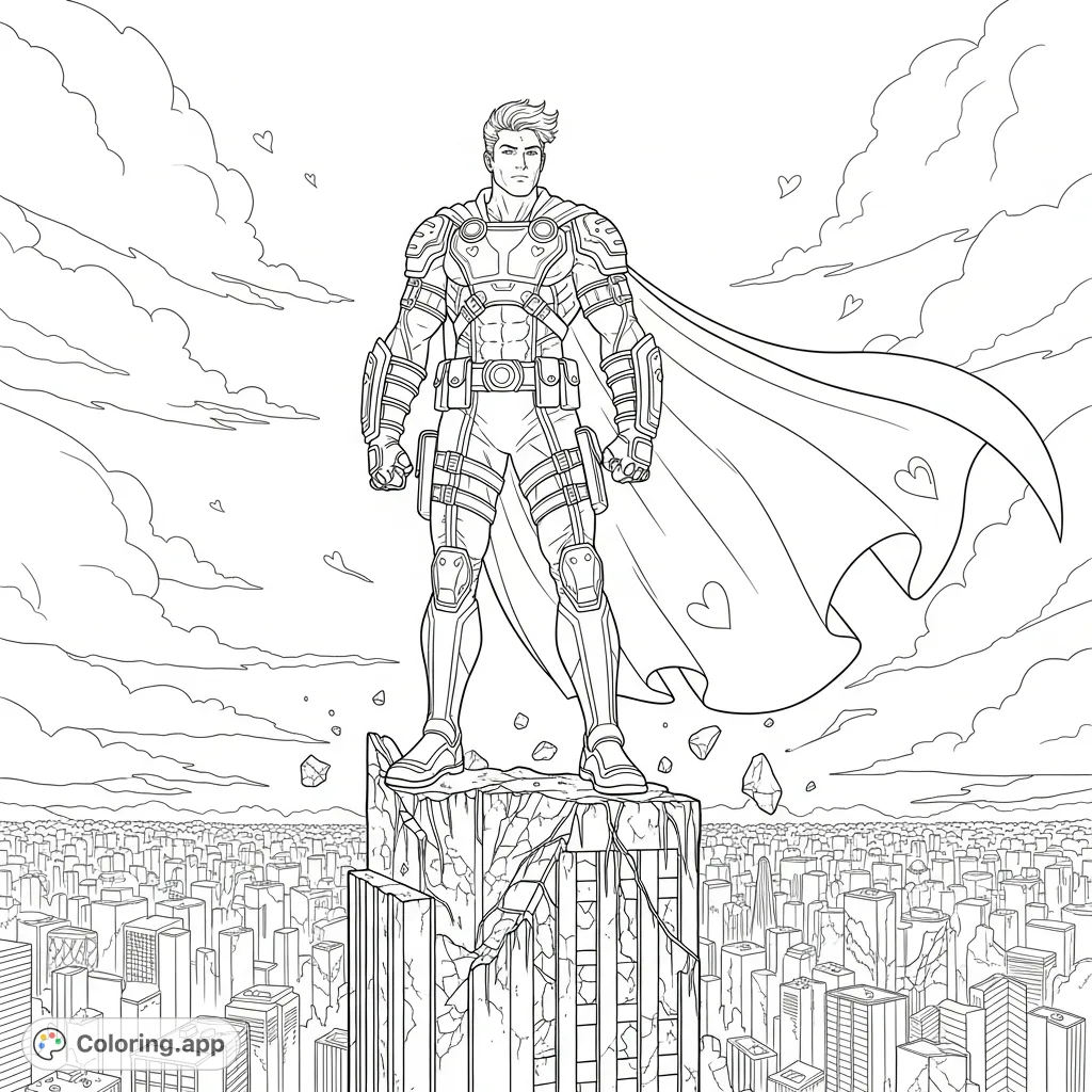 A powerful hero stands vigilant over a sprawling, battle-scarred cityscape, cape flowing. An epic hero coloring page for dynamic adventures and focused coloring.