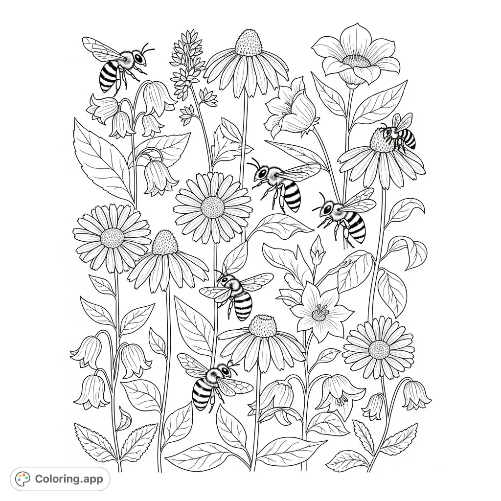 An intricate floral pattern showcasing various wildflowers with busy bees, offering a delightful and detailed coloring experience. Perfect for nature lovers.