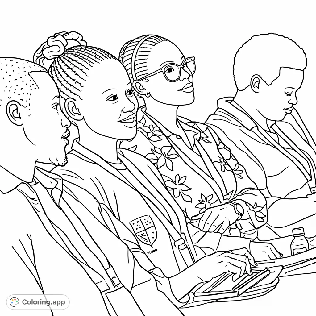 A detailed coloring page featuring a group of engaged individuals attending a lecture, focusing on facial expressions, clothing, and conference elements.