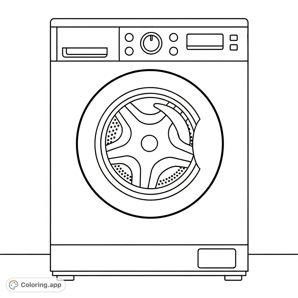 A charming, simple washing machine coloring page, perfect for young children to practice motor skills and color recognition with clear, large shapes.