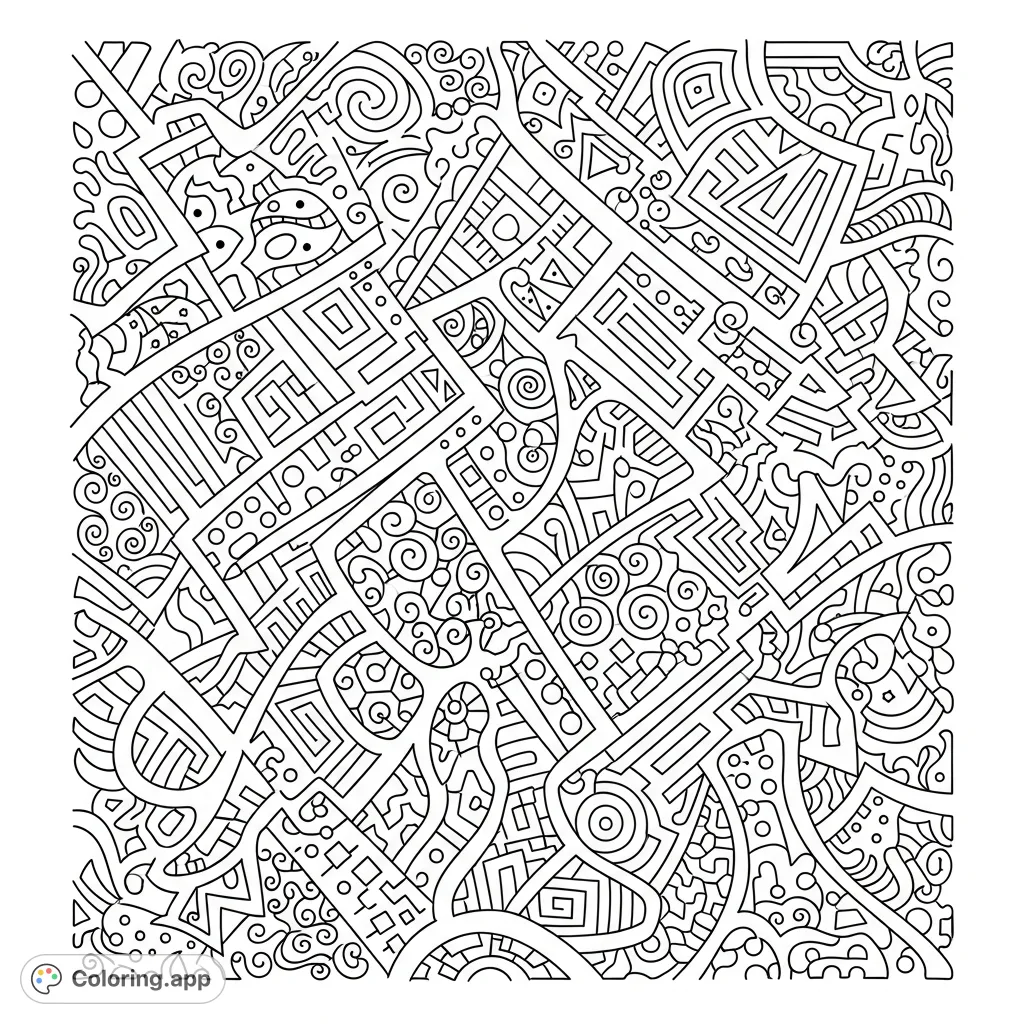 Explore a captivating abstract lines and doodles coloring page. Unleash your creativity with intricate patterns and dynamic linear designs. A free printable coloring page.