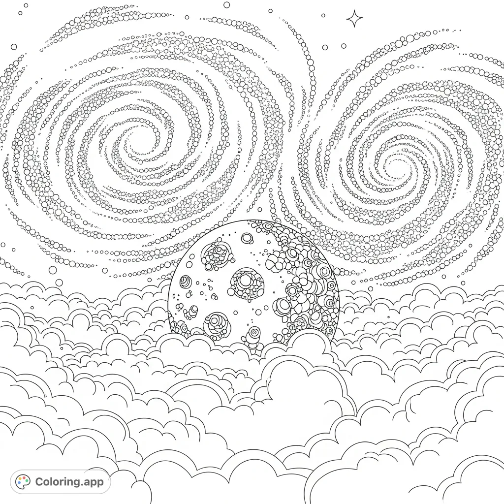 Dive into an abstract world of celestial doodles! Color a whimsical moon, dreamy clouds, and swirling galaxies filled with intricate patterns.