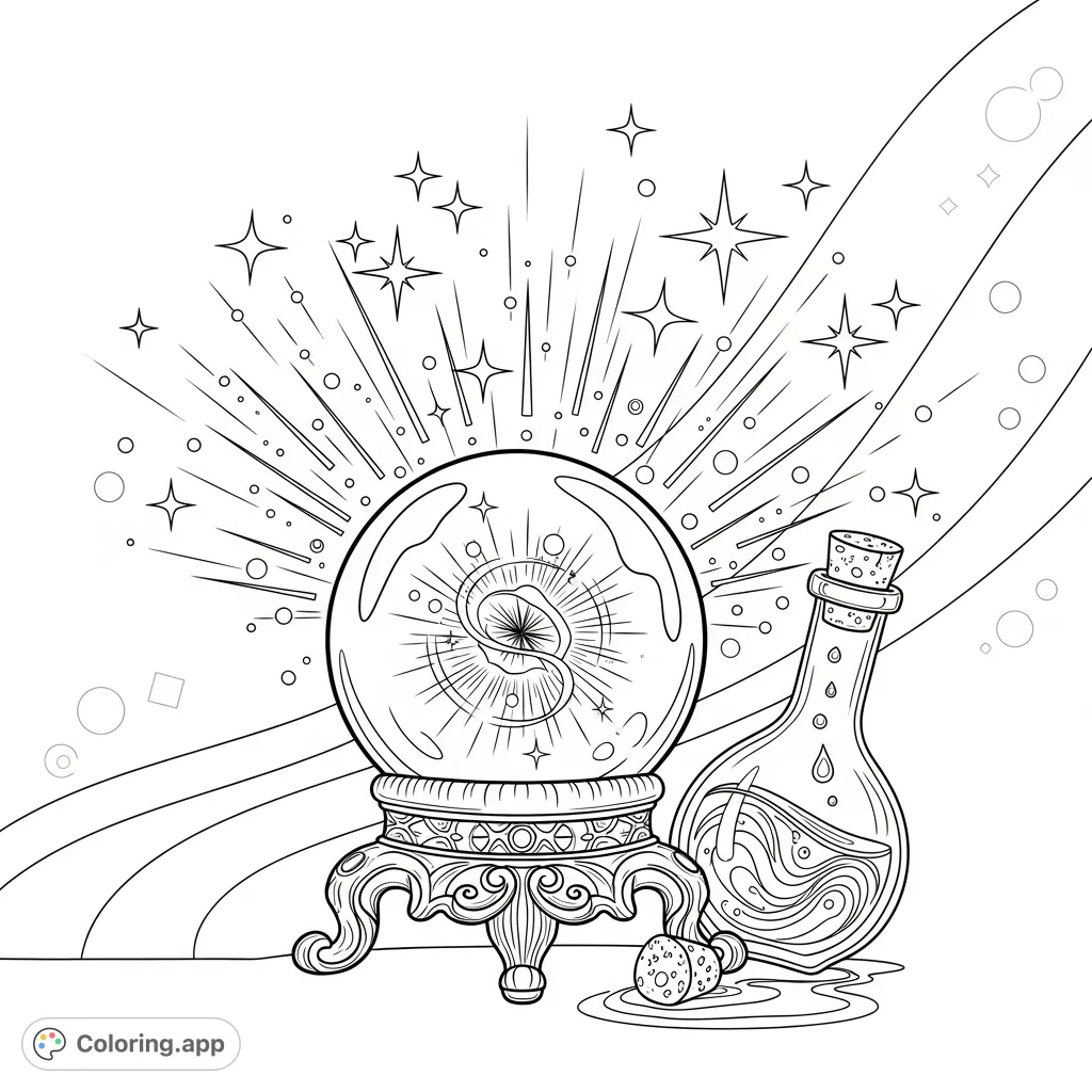 Discover an enchanting abstract world featuring a glowing crystal ball, a magical potion bottle, and a shimmering field of sparkles, ready for your creative touch.