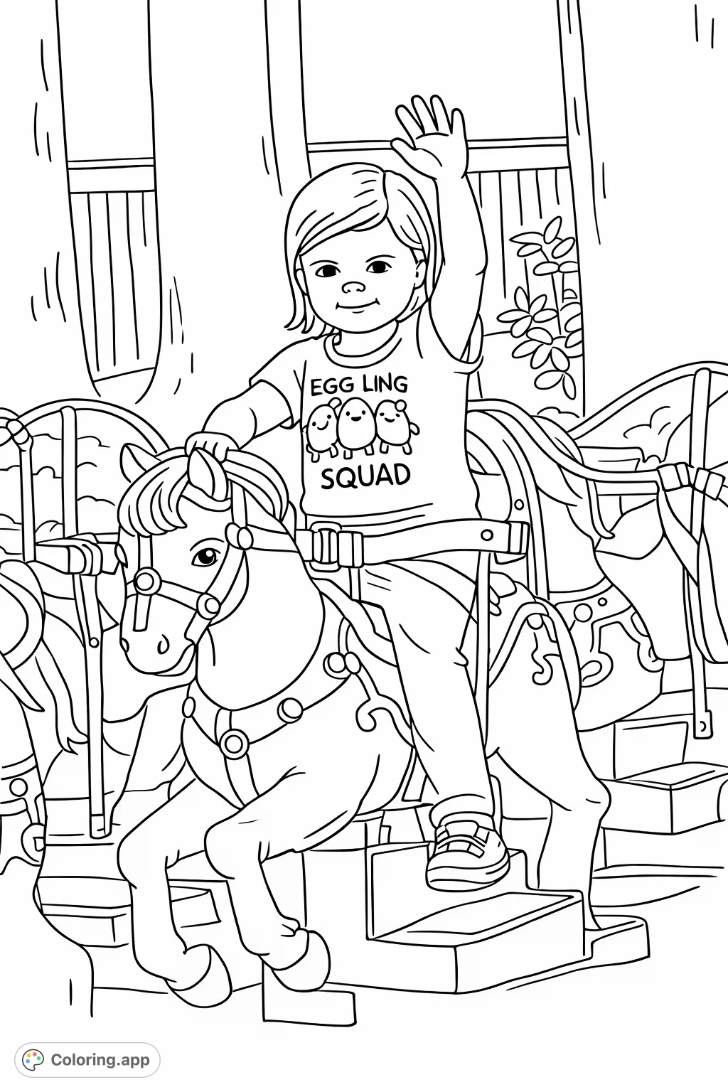 A joyful child waves while riding a classic carousel horse, embodying the simple charm of an amusement park. A delightful scene for young artists.