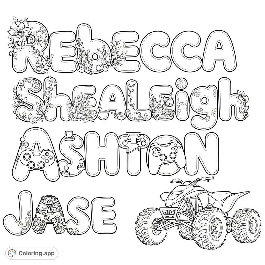 A unique free printable coloring page featuring the names Rebecca, Shealeigh, Ashton, and Jase in bubble letters, adorned with custom floral, video game, and 4-wheeler details.