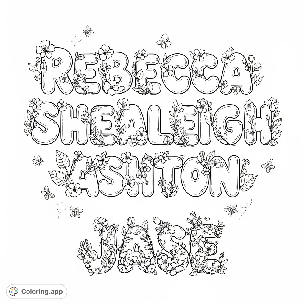 A beautiful floral bubble lettering design featuring the names Rebecca Shealeigh Ashton and Jase, intertwined with delicate blossoms and leaves. Perfect for a personalized coloring experience.