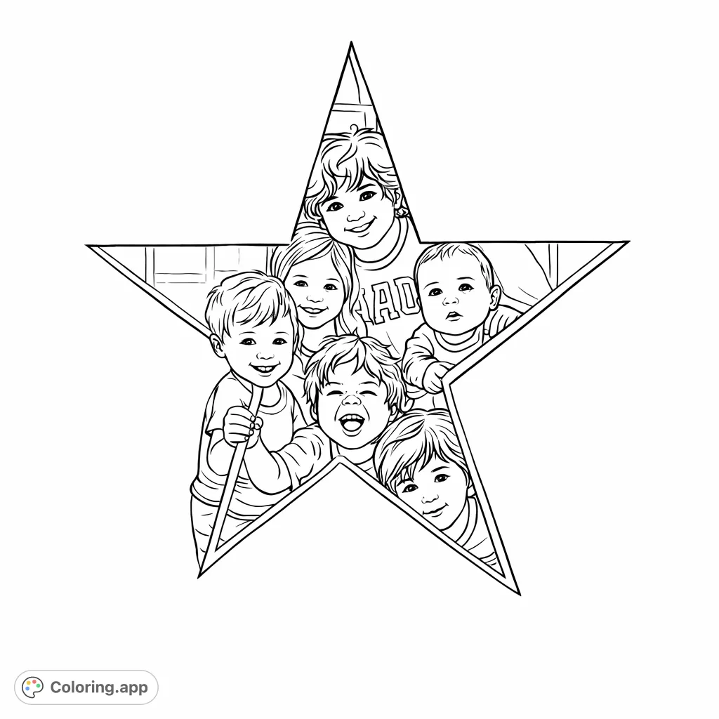 A heartwarming free printable star coloring page featuring a group of smiling children peeking through a star-shaped cutout, perfect for joyful coloring.