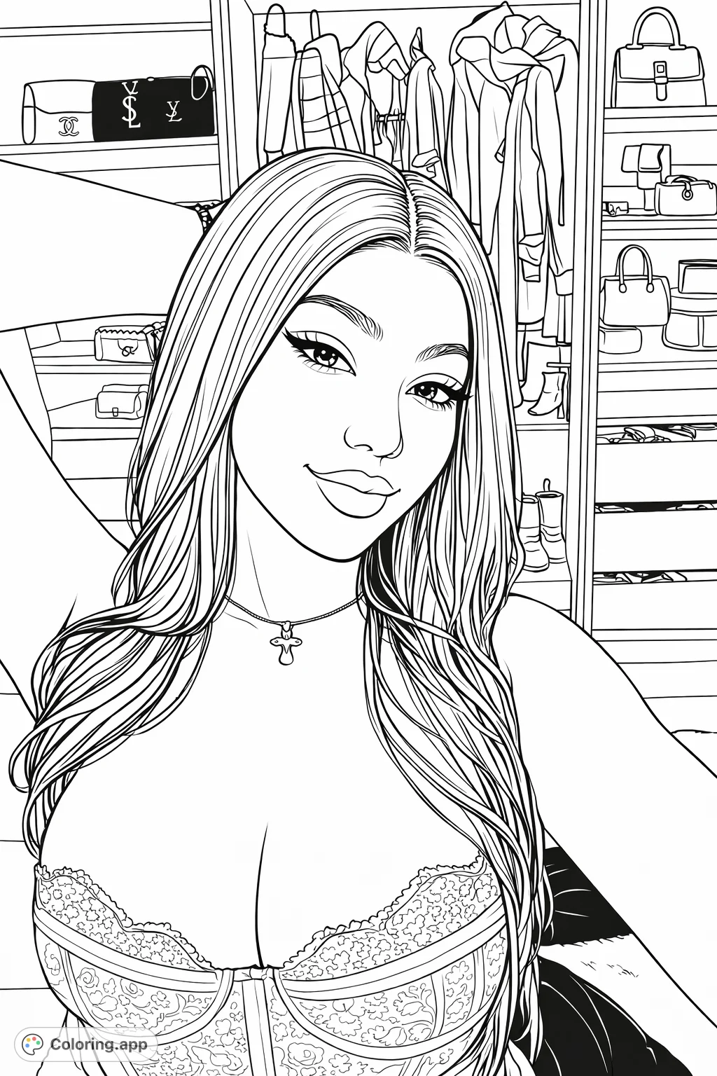 A stylish woman in a lace-detailed top, posed against a backdrop of a well-organized closet. A contemporary fashion scene perfect for detailed coloring.