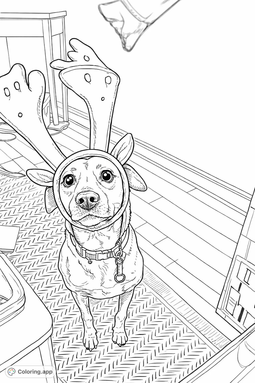 A charming dog wearing whimsical antler headwear, ready for holiday fun. A delightful festive coloring page for all ages to enjoy.