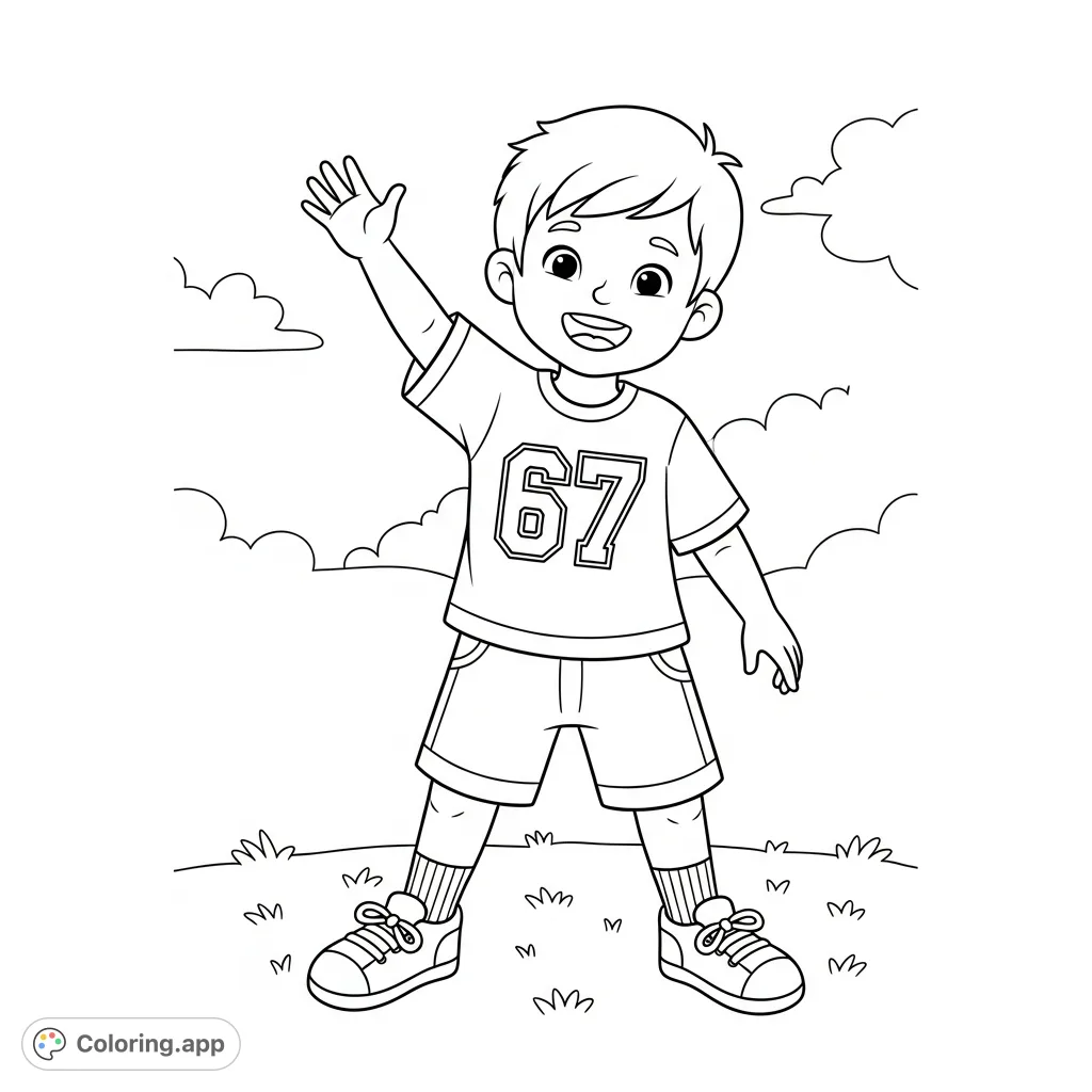 A cheerful child proudly displays the number 67 on their t-shirt, set against a simple background. A fun, engaging coloring page for kids.