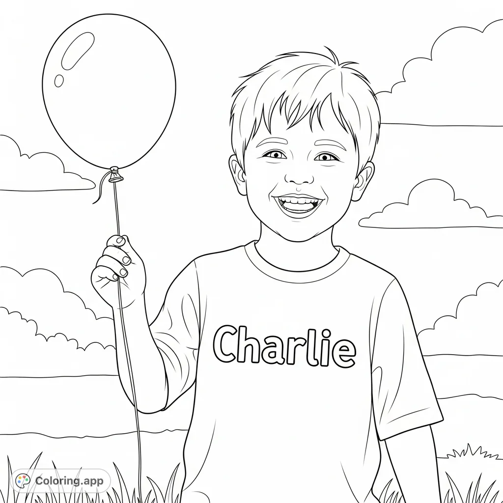 A cheerful child wearing a shirt with 'Charlie' on it, perfect for personalized coloring fun. A delightful free printable coloring page for kids.
