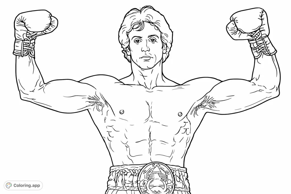 Channel your inner champion with this boxing legend coloring page! Features a muscular boxer in a victorious pose with a championship belt, ready for your creative touch.
