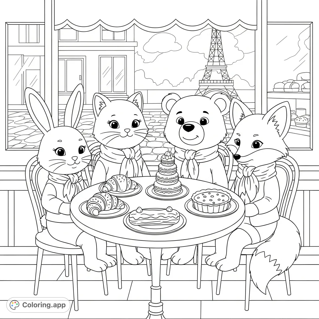Charming animal friends enjoy Parisian desserts at a cozy cafe. A delightful free printable coloring page for kids and adults. Perfect for creative fun!