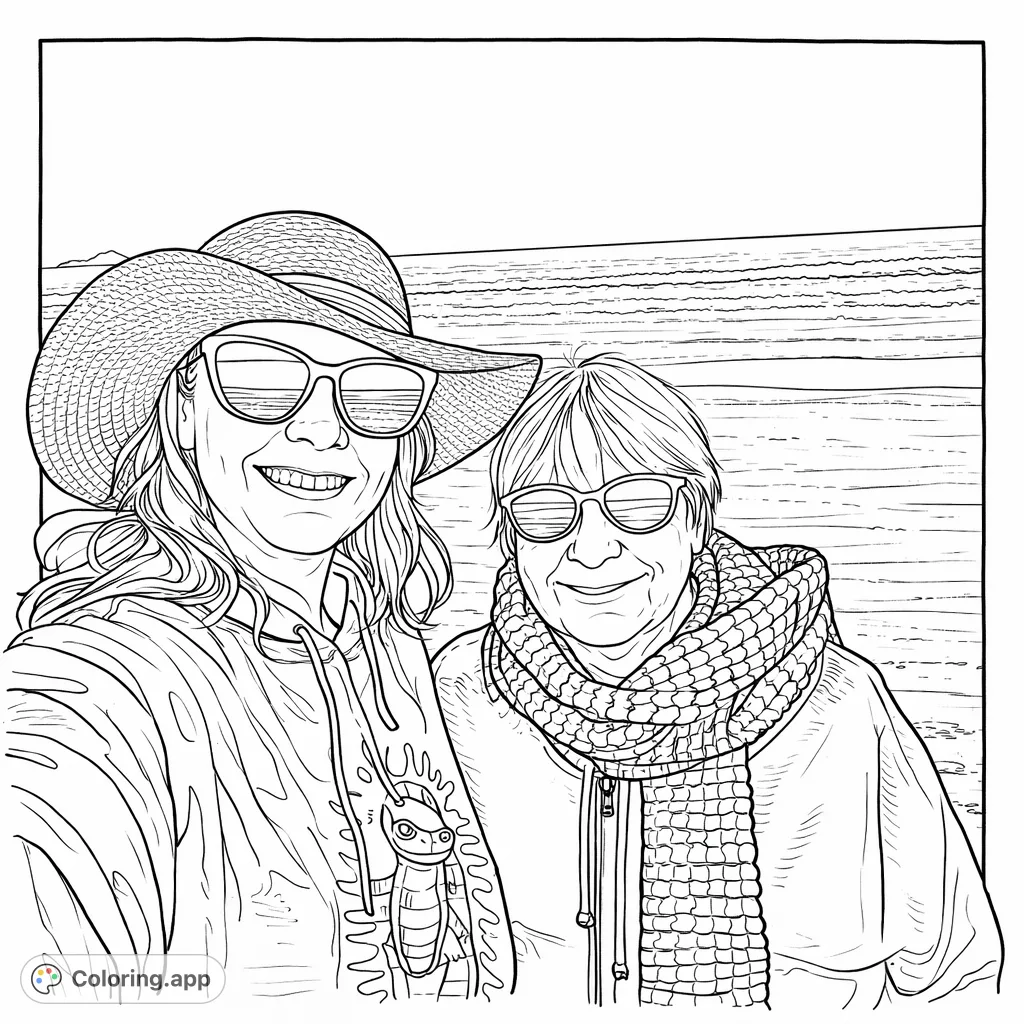 Capture a heartwarming beach scene featuring two smiling individuals, one with a wide hat and patterned hoodie, the other with a textured scarf, against ocean waves.