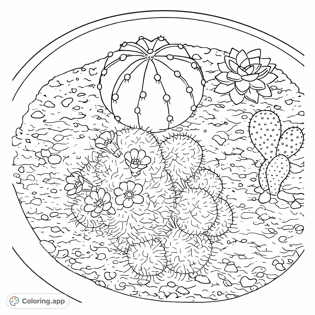 Explore a charming desert garden with a variety of cacti, including one in bloom, and a succulent, all nestled in a textured pot. A delightful botanical scene.