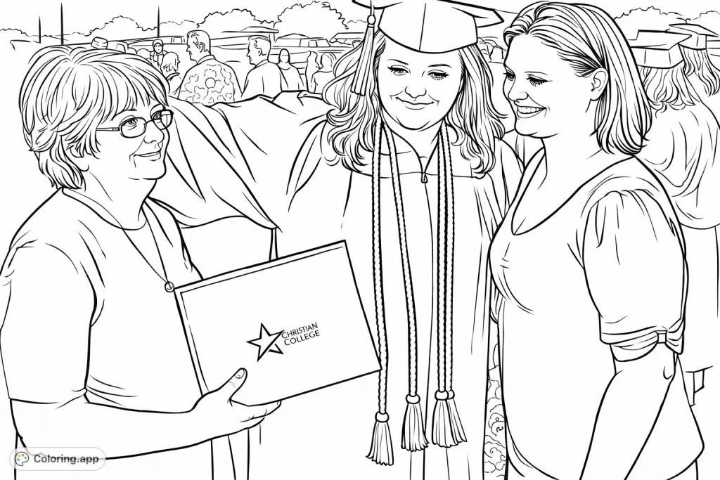 Celebrate a milestone! This graduation coloring page features a happy graduate with family, holding her diploma. A joyful scene perfect for commemorating success.