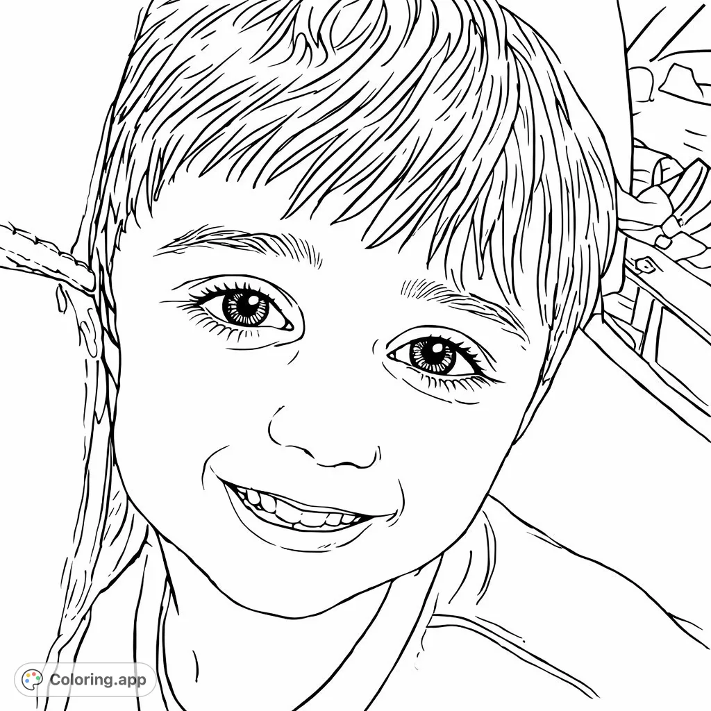 Capture the joyous expression of a child's smiling face. This portrait features detailed eyes, a cheerful smile, and flowing hair, perfect for personalizing.