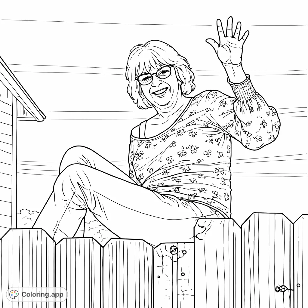 A friendly woman sits on a rustic wooden fence, waving cheerfully under a broad sky. This charming scene offers delightful details for a relaxing coloring experience.