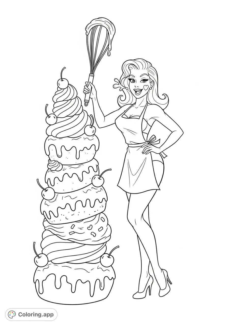 A cheeky pin-up woman in a minimal apron, playfully posing with oversized pastries and a giant whisk. Glamorous curves and a winking expression. Adult humor.