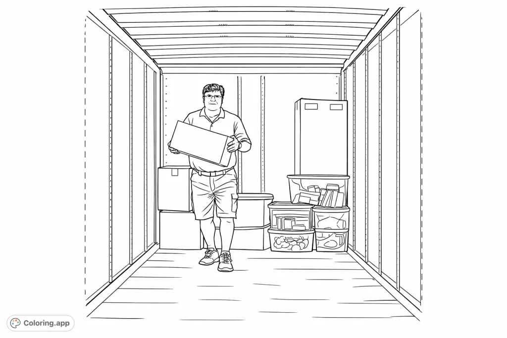 A man carries a cardboard box inside a truck filled with storage items, perfect for a moving-themed coloring page. Fun for all ages to color and customize.