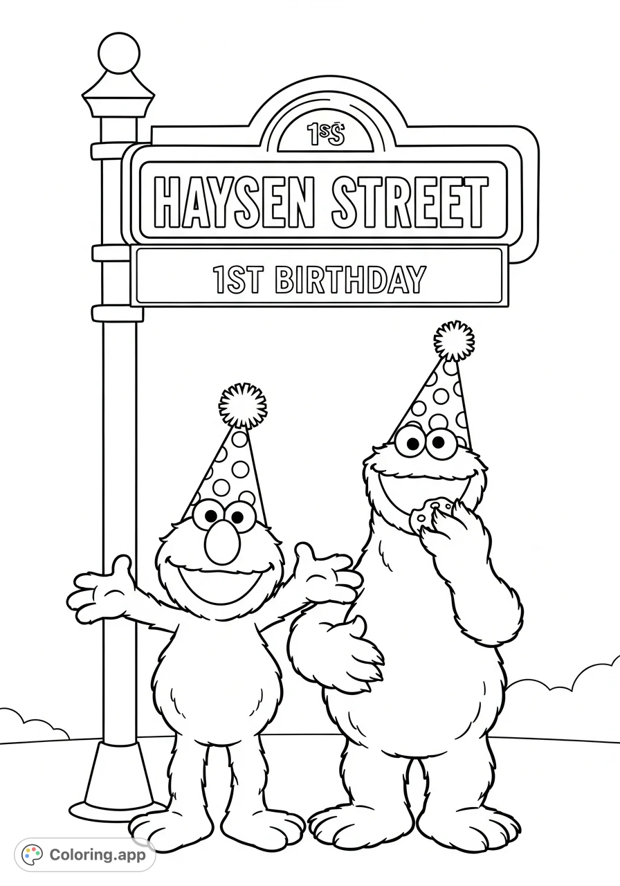 Elmo and Cookie Monster celebrate a special 1st birthday on Haysen Street, wearing party hats in a cheerful, customizable scene. Perfect for kids!