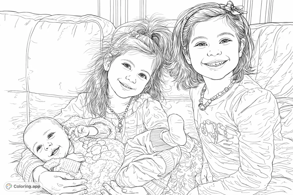 A heartwarming coloring page featuring two smiling girls embracing their newborn sibling on a cozy couch, perfect for family bonding.