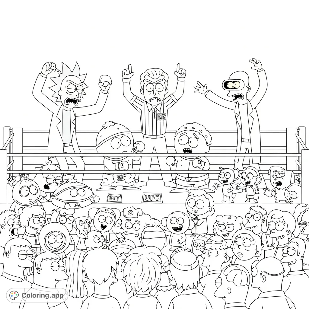 A wild cross-cartoon UFC fight featuring Jimmy and Timmy, officiated by Mr. Boss. Coaches Rick and Professor argue, while beloved characters from many shows watch and bet.