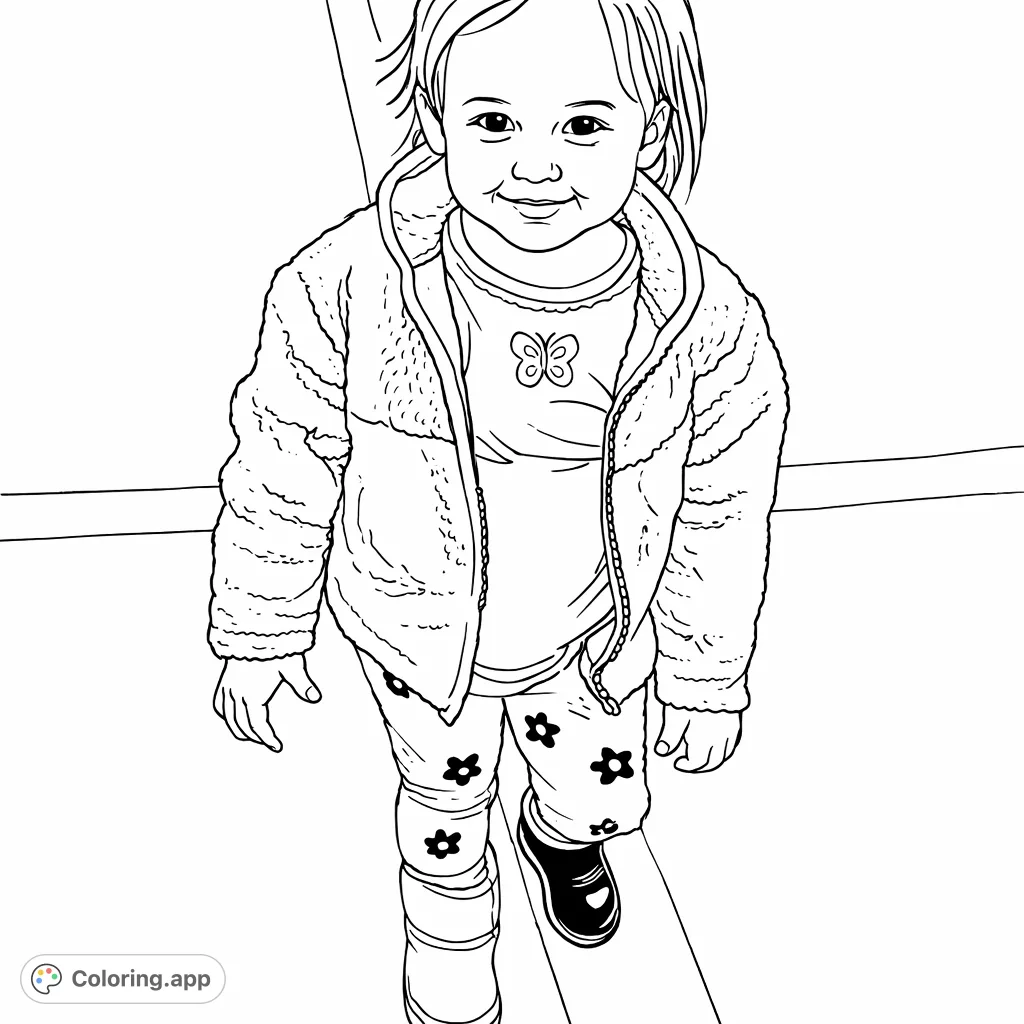 A sweet toddler in a fuzzy jacket and patterned leggings, ready for adventure. A charming and simple design perfect for young artists.