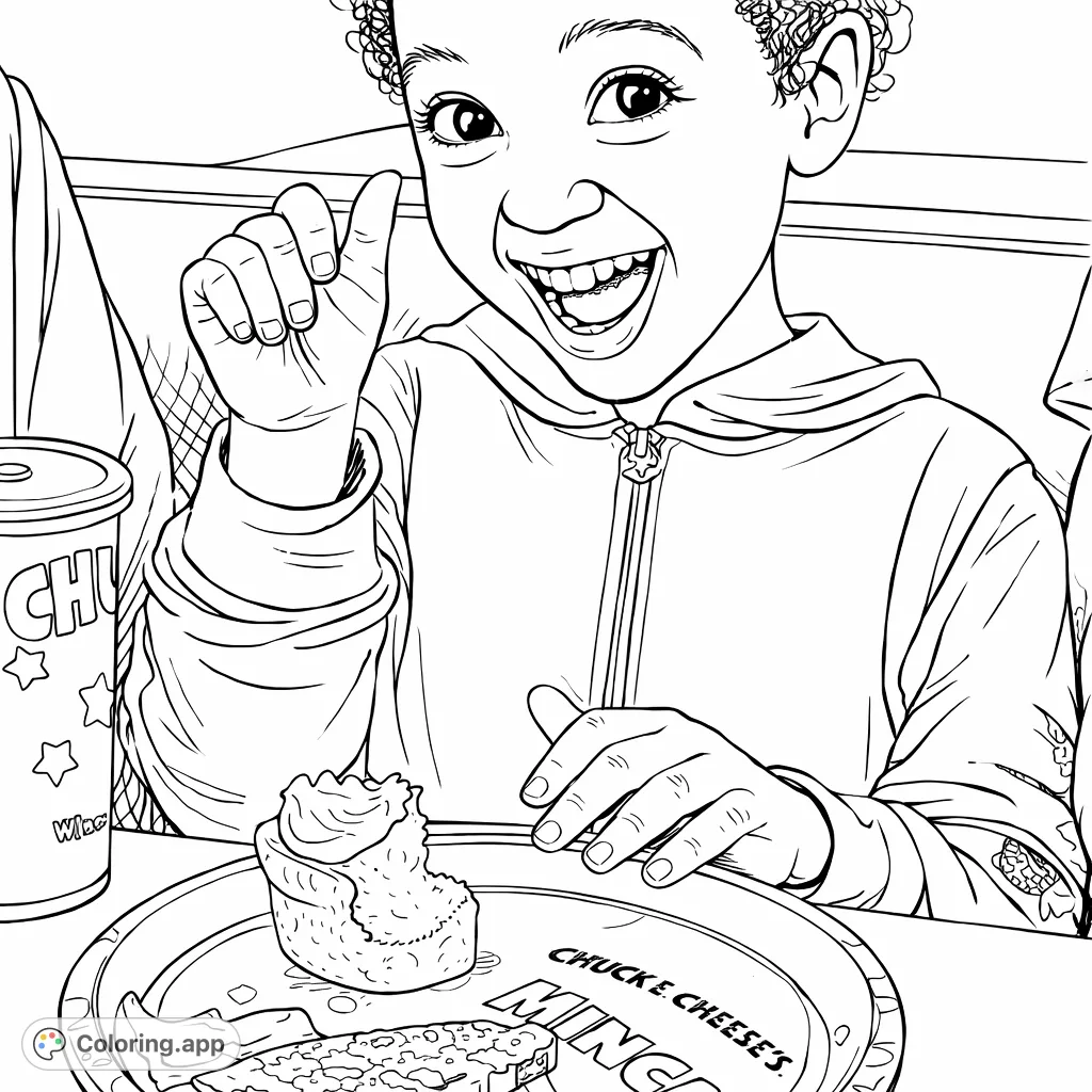 A delightful coloring page featuring a happy child enjoying a special treat at a table. Perfect for capturing joyous moments and sparking creativity.