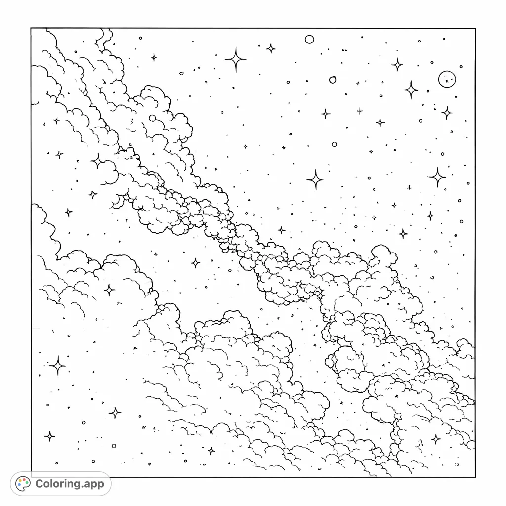 Explore a breathtaking cosmic nebula coloring page featuring swirling interstellar clouds, countless stars, and distant celestial bodies in a mesmerizing deep space fantasy.