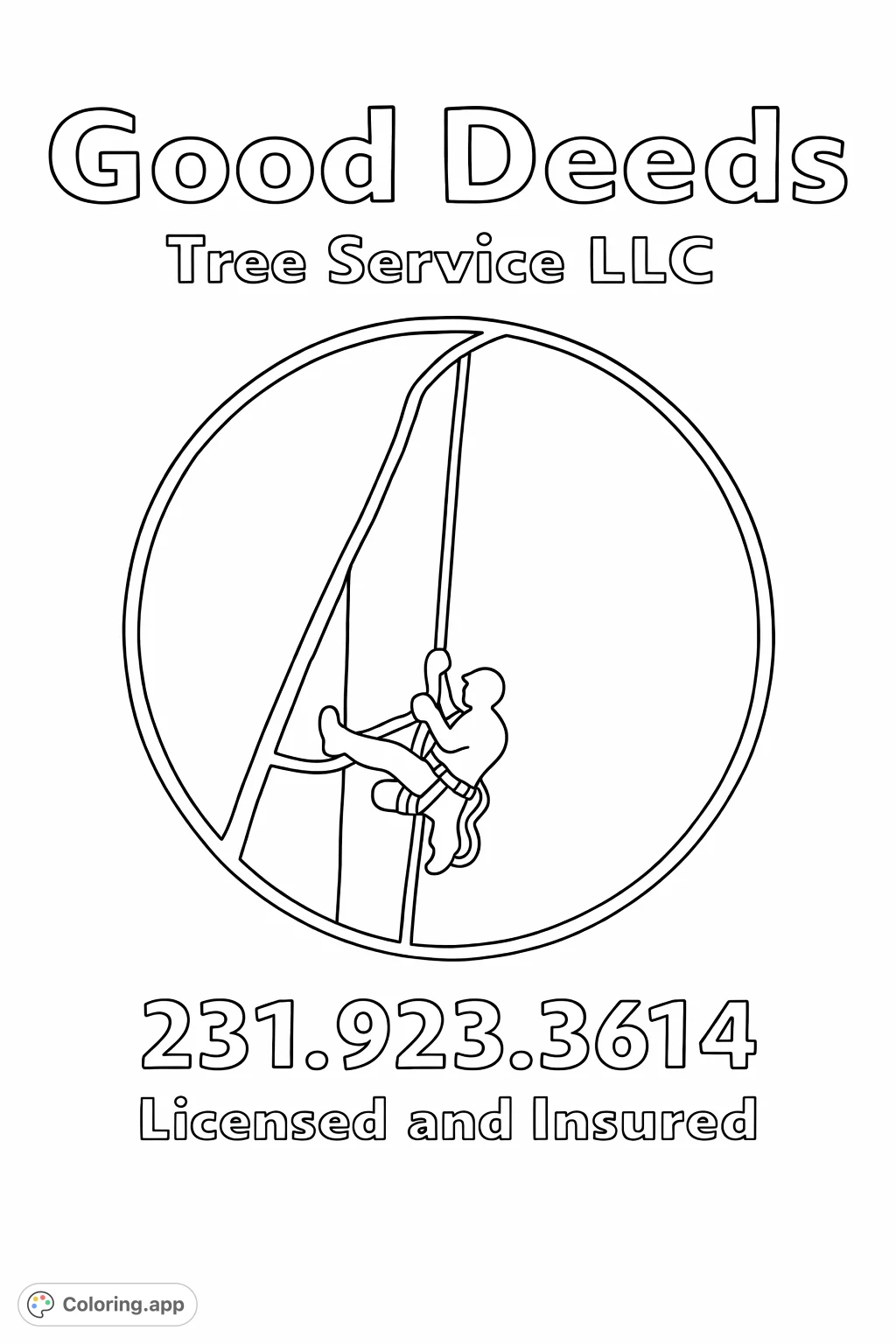 An action-packed tree service coloring page featuring a rappelling figure within a dynamic circular logo, surrounded by professional text elements.