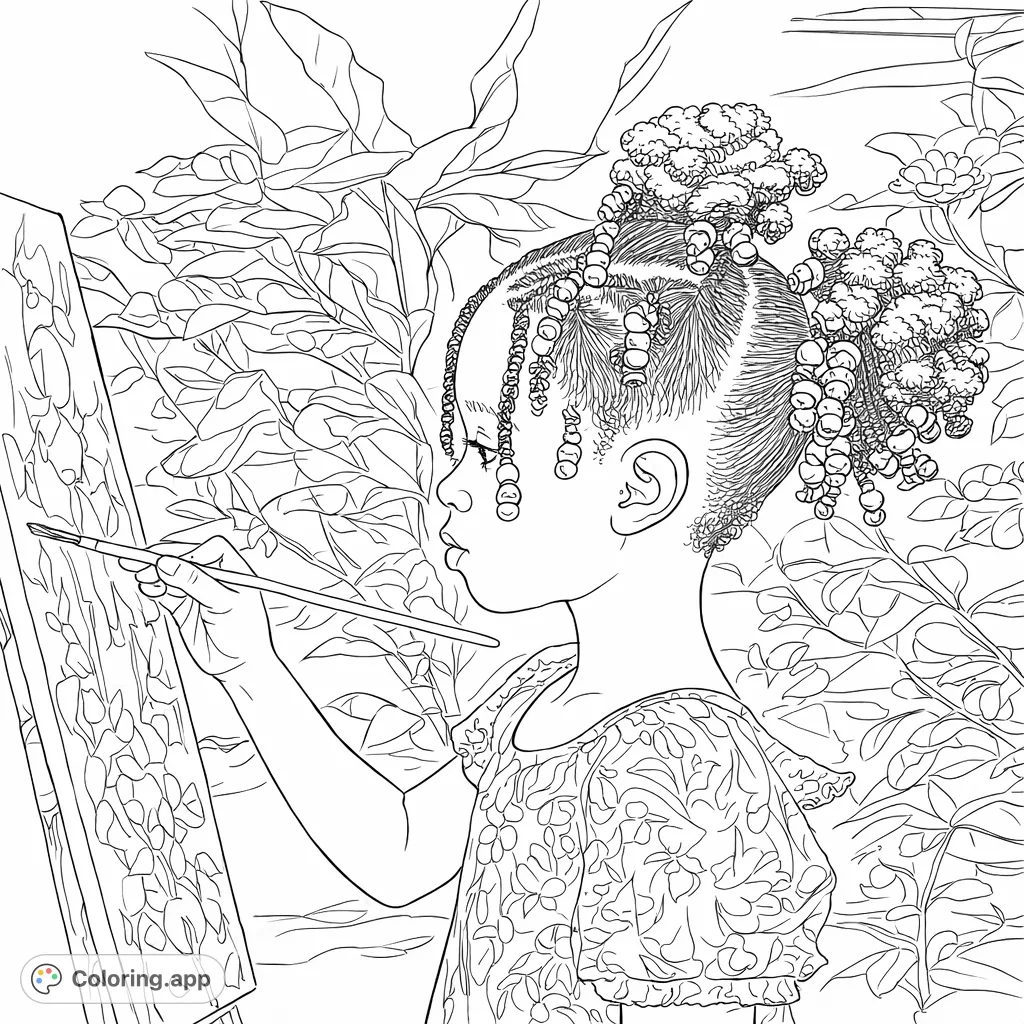 A charming coloring page featuring a young girl with distinctive hairstyles, focused on painting a picture on an easel amidst abundant foliage. Perfect for budding artists.