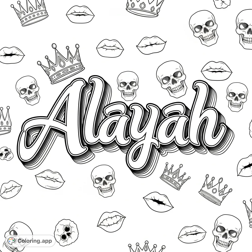A unique Alayah graffiti coloring page with cool crowns, edgy skulls, and playful lips scattered across the design. Express your individual style!