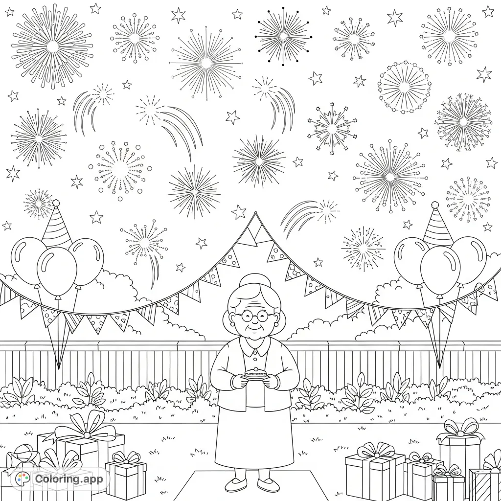 A heartwarming scene featuring a grandmother at a festive party, surrounded by celebration elements and spectacular fireworks lighting the night sky.
