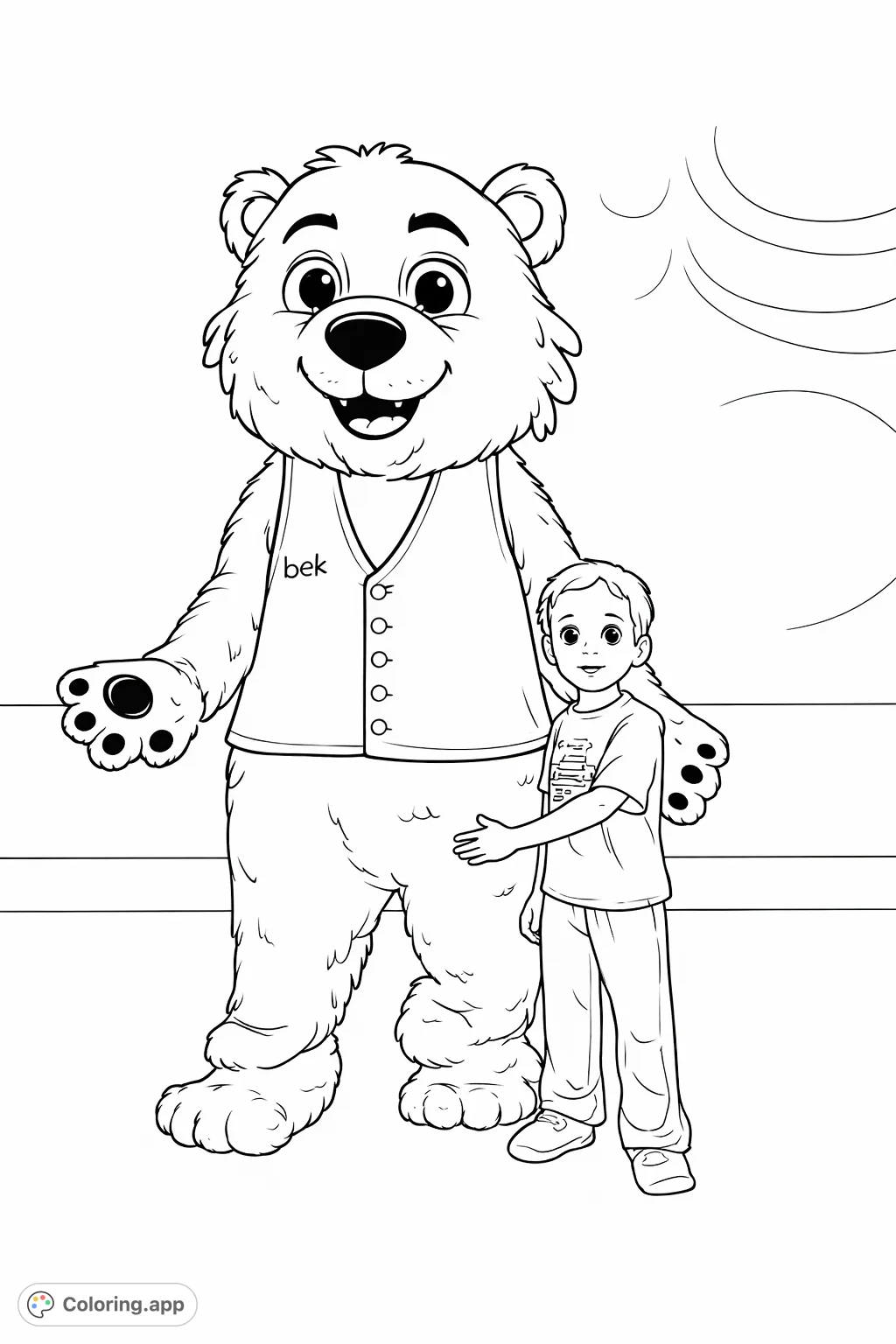 A charming coloring page featuring a friendly bear mascot and a happy child, perfect for young artists to imagine a fun encounter at an event. A delightful scene for all ages.