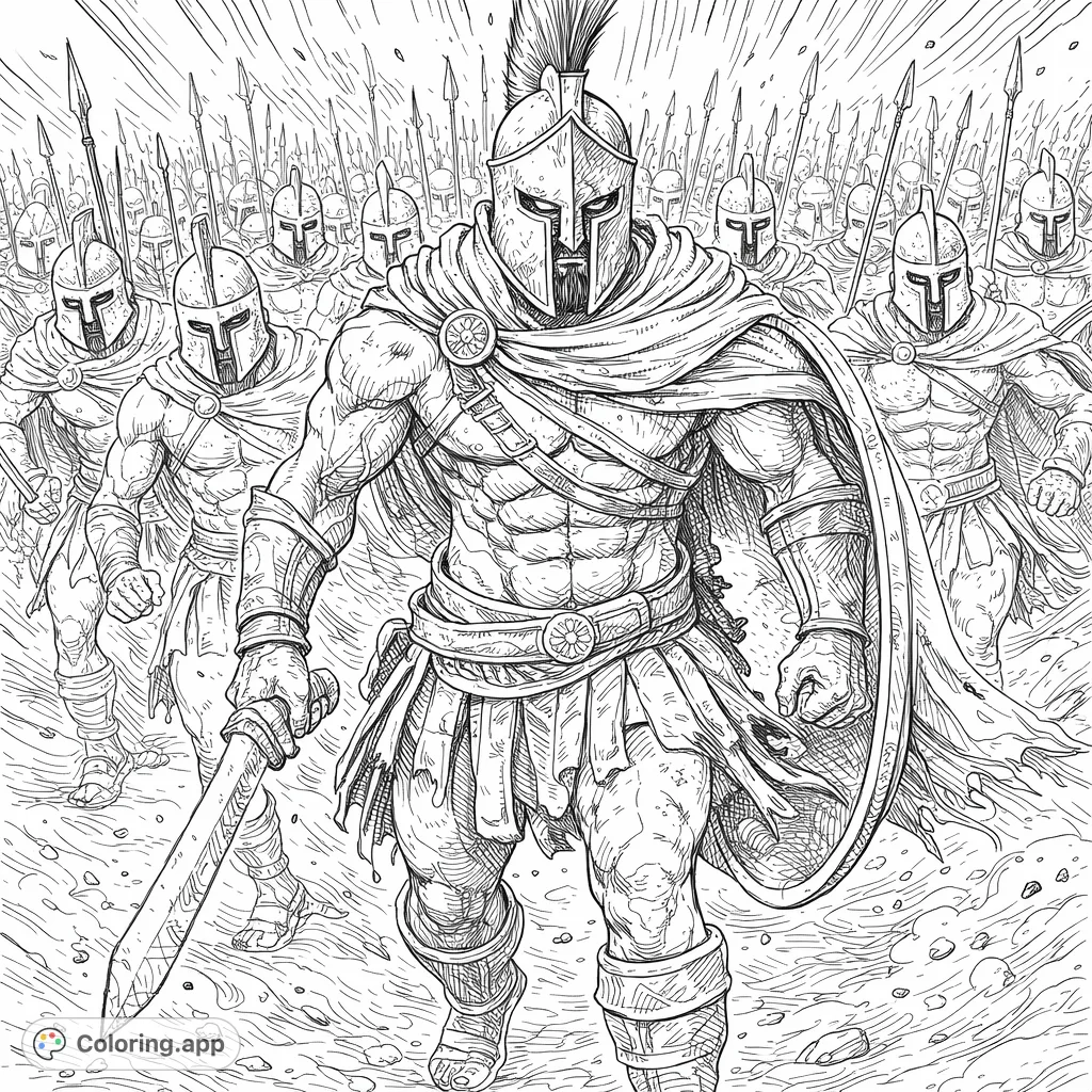 An epic Spartan warrior stands firm amidst a fierce battlefield, surrounded by comrades and fallen adversaries. This highly detailed scene offers a thrilling coloring adventure.