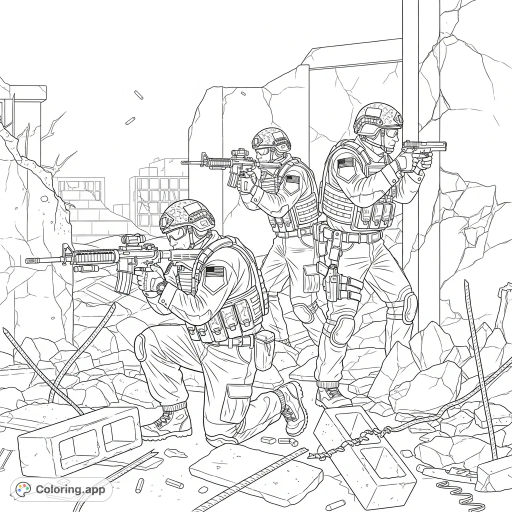 Experience intense special forces combat with this detailed realistic coloring page, featuring operatives amidst urban destruction and intricate tactical gear.