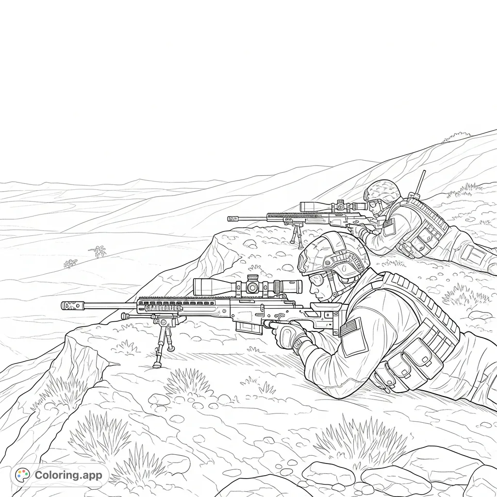 A detailed realistic coloring page featuring a United States special forces sniper and spotter team in action on a rugged hill. Perfect for adult colorists!
