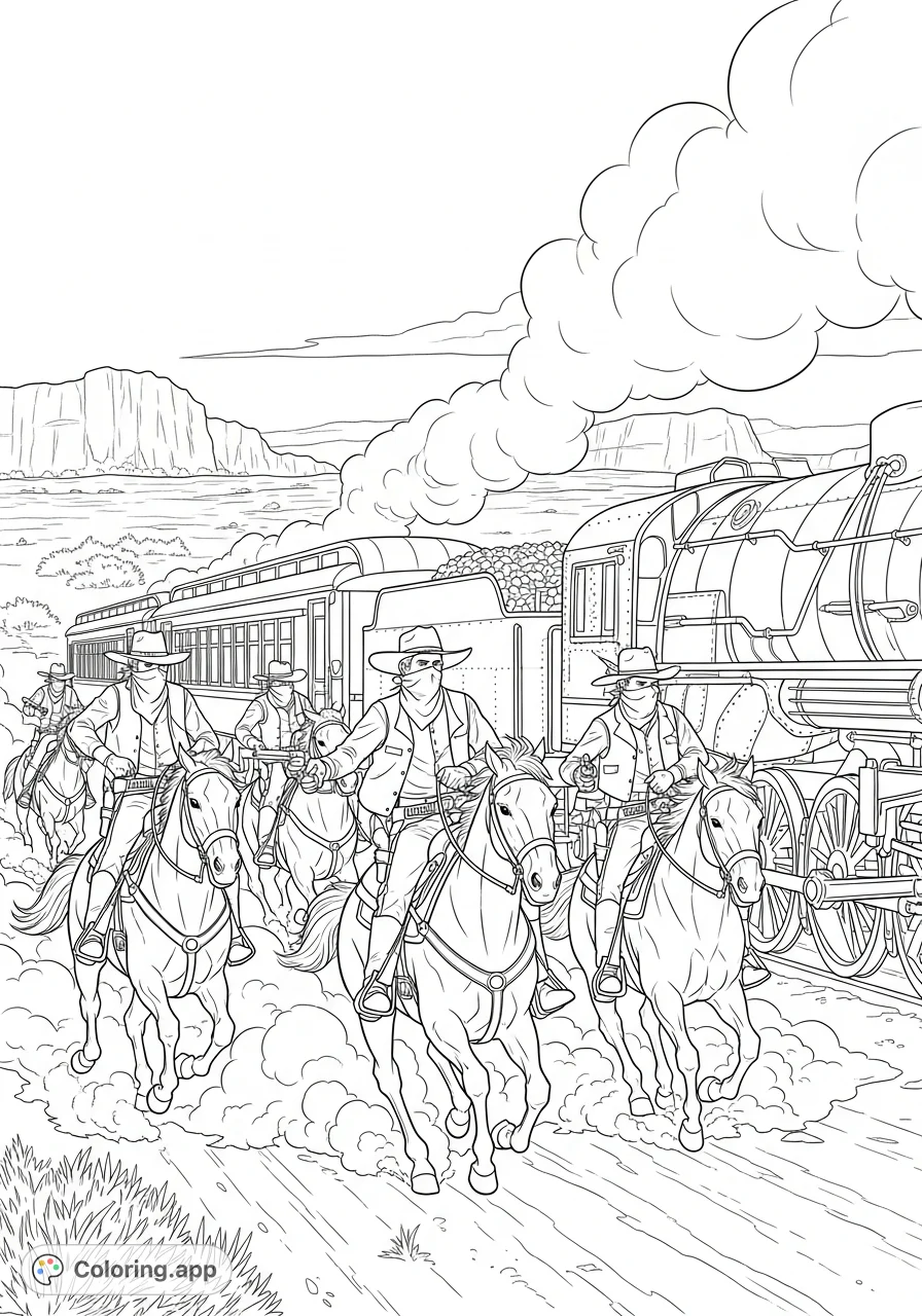 An action-packed western coloring page featuring four cowboys on horseback in the midst of robbing a classic steam train through a dusty landscape.