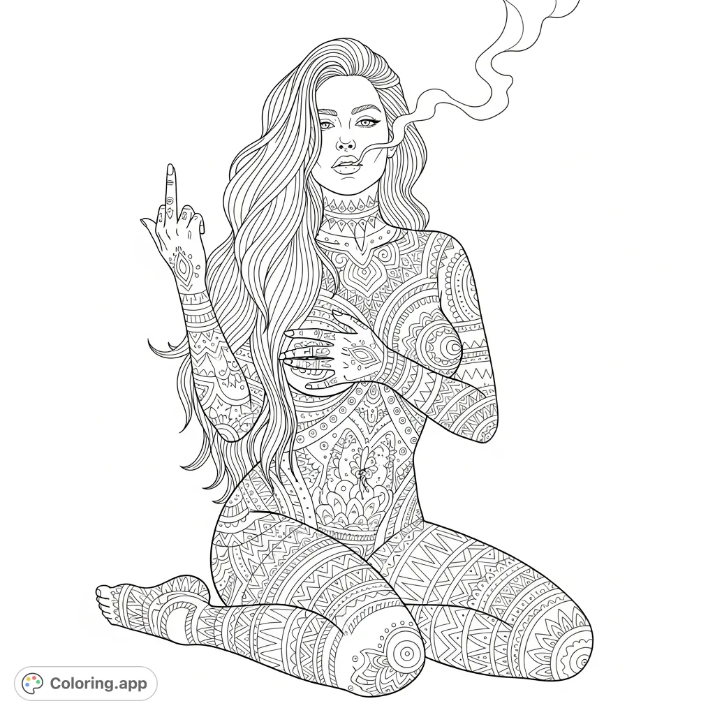 This adult coloring page features a woman with elaborate tattoos, captured in a bold, seated pose, exhaling smoke, and making a striking gesture.