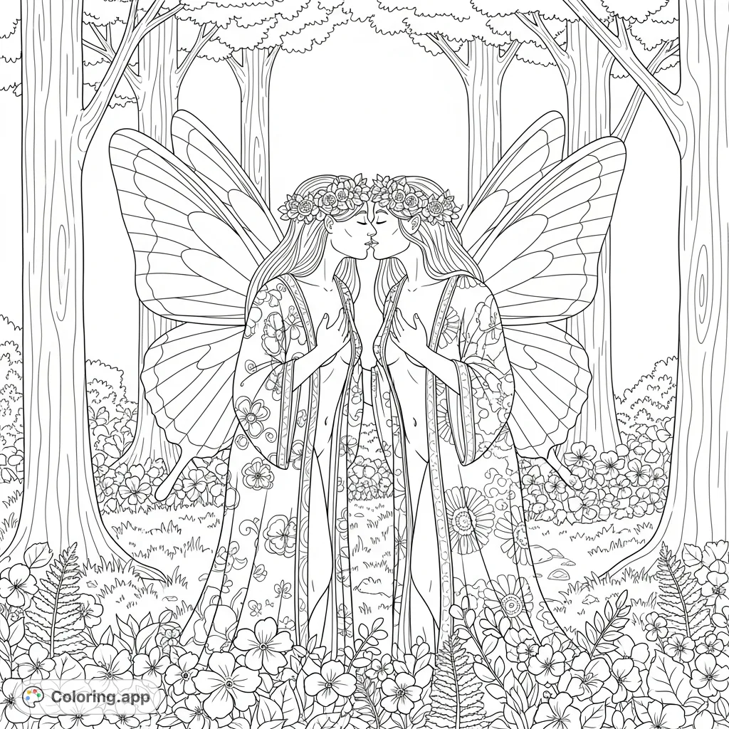 Two winged figures in patterned kimonos share a tender, sensual kiss within a lush forest clearing, adorned with butterfly wings and floral wreaths.